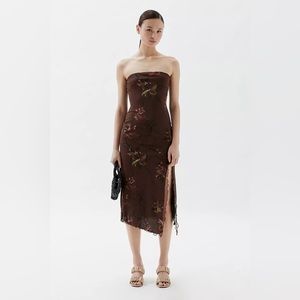 Floral Mesh Strapless Midi Dress 🤎